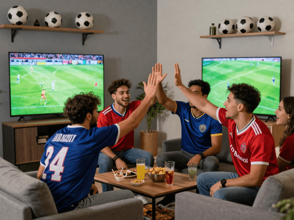 Friends enjoying a thrilling rakhoitv live football match in a cozy living room.