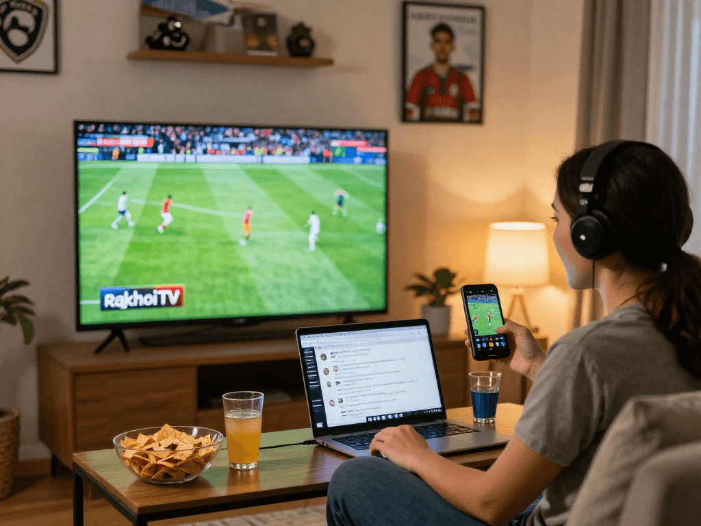 Enjoy watching football matches on RakhoiTV with friends and snacks in a cozy home environment.
